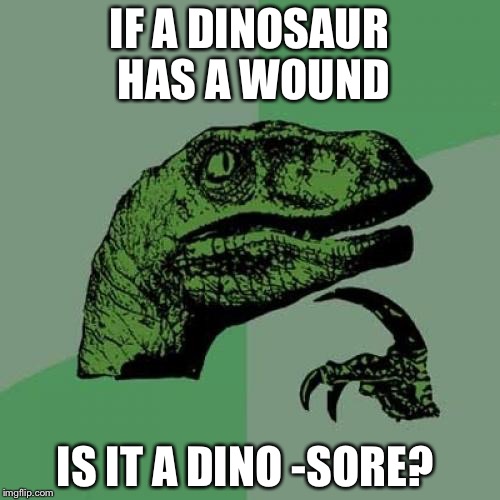 Philosoraptor Meme | IF A DINOSAUR HAS A WOUND; IS IT A DINO -SORE? | image tagged in memes,philosoraptor | made w/ Imgflip meme maker