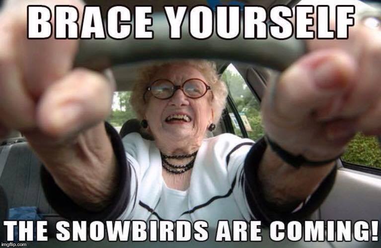 Time to head North, Southerners. | . | image tagged in memes,snow birds,old lady driver,brace yourselves | made w/ Imgflip meme maker