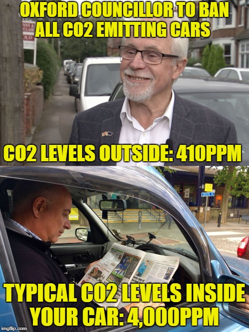 

Oxford councillor to ban all co2 emitting cars 
co2 levels inside your car: 4000ppm
Created to help teach basic science | OXFORD COUNCILLOR TO BAN ALL CO2 EMITTING CARS; CO2 LEVELS OUTSIDE: 410PPM; TYPICAL CO2 LEVELS INSIDE YOUR CAR: 4,000PPM | image tagged in co2 levels,ppm,carbon dioxide,oxford,england emissions | made w/ Imgflip meme maker