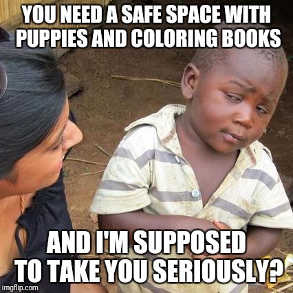 Third World Skeptical Kid | YOU NEED A SAFE SPACE WITH PUPPIES AND COLORING BOOKS; AND I'M SUPPOSED TO TAKE YOU SERIOUSLY? | image tagged in memes,third world skeptical kid | made w/ Imgflip meme maker