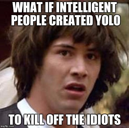 Conspiracy Keanu Meme | WHAT IF INTELLIGENT PEOPLE CREATED YOLO; TO KILL OFF THE IDIOTS | image tagged in memes,conspiracy keanu | made w/ Imgflip meme maker