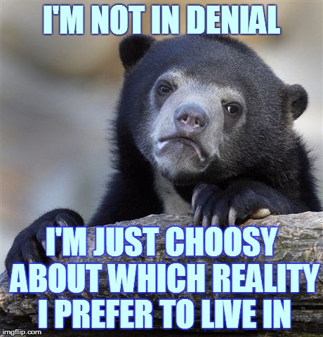 My life | I'M NOT IN DENIAL; I'M JUST CHOOSY ABOUT WHICH REALITY I PREFER TO LIVE IN | image tagged in memes,confession bear,funny | made w/ Imgflip meme maker