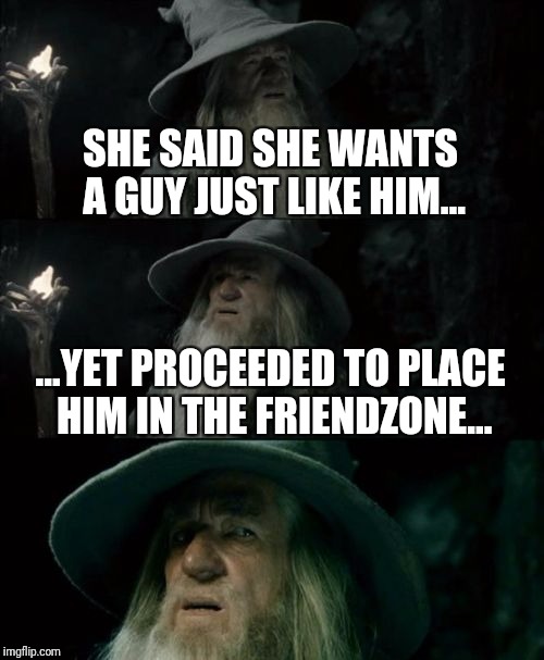 Me in a nutshell. | SHE SAID SHE WANTS A GUY JUST LIKE HIM... ...YET PROCEEDED TO PLACE HIM IN THE FRIENDZONE... | image tagged in memes,confused gandalf | made w/ Imgflip meme maker