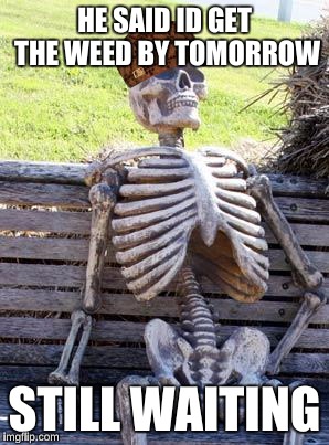 Waiting Skeleton Meme | HE SAID ID GET THE WEED BY TOMORROW; STILL WAITING | image tagged in memes,waiting skeleton,scumbag | made w/ Imgflip meme maker