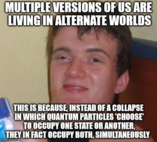 10 Guy Meme | MULTIPLE VERSIONS OF US ARE LIVING IN ALTERNATE WORLDS; THIS IS BECAUSE, INSTEAD OF A COLLAPSE IN WHICH QUANTUM PARTICLES 'CHOOSE' TO OCCUPY ONE STATE OR ANOTHER, THEY IN FACT OCCUPY BOTH, SIMULTANEOUSLY | image tagged in memes,10 guy | made w/ Imgflip meme maker