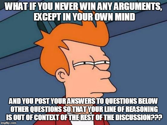 Futurama Fry Meme | WHAT IF YOU NEVER WIN ANY ARGUMENTS, EXCEPT IN YOUR OWN MIND AND YOU POST YOUR ANSWERS TO QUESTIONS BELOW OTHER QUESTIONS SO THAT YOUR LINE  | image tagged in memes,futurama fry | made w/ Imgflip meme maker