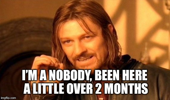 One Does Not Simply Meme | I’M A NOBODY, BEEN HERE A LITTLE OVER 2 MONTHS | image tagged in memes,one does not simply | made w/ Imgflip meme maker