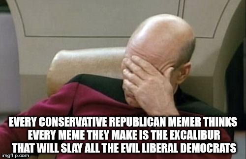 Captain Picard Facepalm Meme | EVERY CONSERVATIVE REPUBLICAN MEMER THINKS EVERY MEME THEY MAKE IS THE EXCALIBUR THAT WILL SLAY ALL THE EVIL LIBERAL DEMOCRATS | image tagged in memes,captain picard facepalm,politics | made w/ Imgflip meme maker