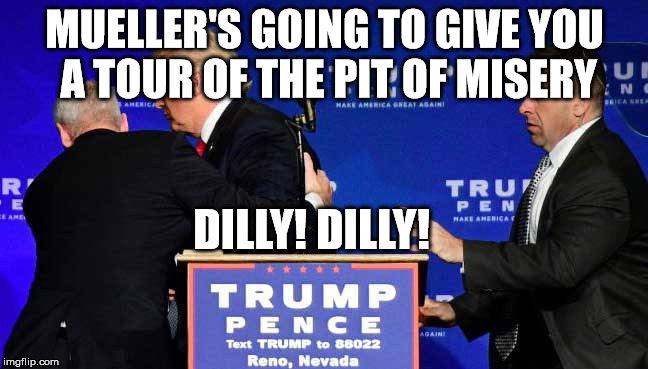  MUELLER'S GOING TO GIVE YOU A TOUR OF THE PIT OF MISERY; DILLY! DILLY! | image tagged in trump | made w/ Imgflip meme maker