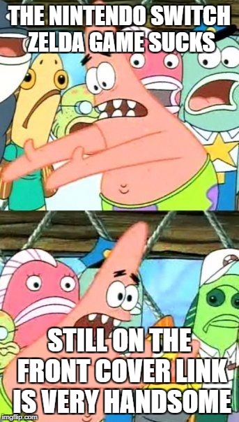 Put It Somewhere Else Patrick Meme | THE NINTENDO SWITCH ZELDA GAME SUCKS; STILL ON THE FRONT COVER LINK IS VERY HANDSOME | image tagged in memes,put it somewhere else patrick | made w/ Imgflip meme maker