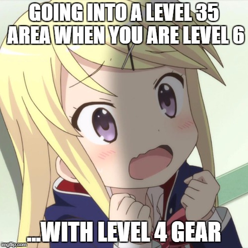 GOING INTO A LEVEL 35 AREA WHEN YOU ARE LEVEL 6; ...WITH LEVEL 4 GEAR | image tagged in anime,games,rpg | made w/ Imgflip meme maker