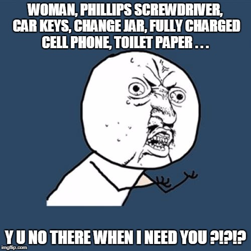 Y U No Meme | WOMAN, PHILLIPS SCREWDRIVER, CAR KEYS, CHANGE JAR, FULLY CHARGED CELL PHONE, TOILET PAPER . . . Y U NO THERE WHEN I NEED YOU ?!?!? | image tagged in memes,y u no | made w/ Imgflip meme maker