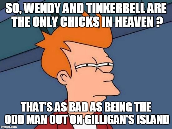 Futurama Fry Meme | SO, WENDY AND TINKERBELL ARE THE ONLY CHICKS IN HEAVEN ? THAT'S AS BAD AS BEING THE ODD MAN OUT ON GILLIGAN'S ISLAND | image tagged in memes,futurama fry | made w/ Imgflip meme maker