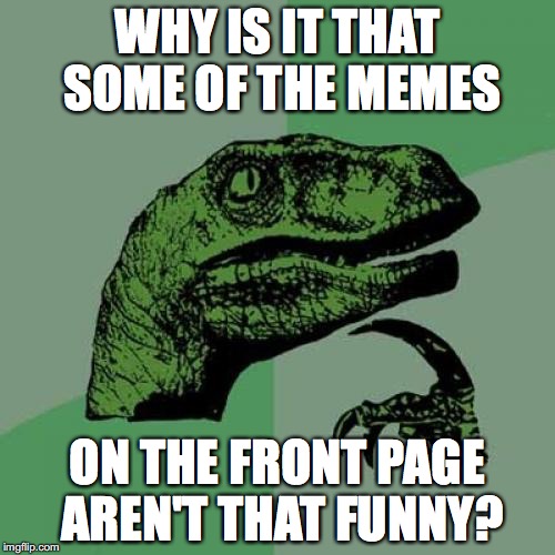 Philosoraptor Meme | WHY IS IT THAT SOME OF THE MEMES; ON THE FRONT PAGE AREN'T THAT FUNNY? | image tagged in memes,philosoraptor | made w/ Imgflip meme maker