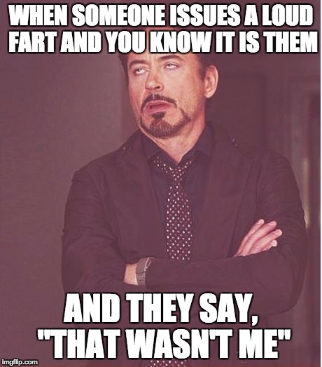 Any1 can relate to that? (Yes you stinkface) | WHEN SOMEONE ISSUES A LOUD FART AND YOU KNOW IT IS THEM; AND THEY SAY, "THAT WASN'T ME" | image tagged in memes,face you make robert downey jr | made w/ Imgflip meme maker