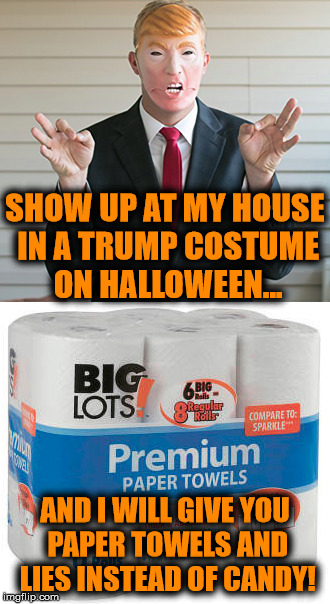 Paper towels and lies are what you deserve! | SHOW UP AT MY HOUSE IN A TRUMP COSTUME ON HALLOWEEN... AND I WILL GIVE YOU PAPER TOWELS AND LIES INSTEAD OF CANDY! | image tagged in donald trump,halloween,costume,paper towels,memes | made w/ Imgflip meme maker