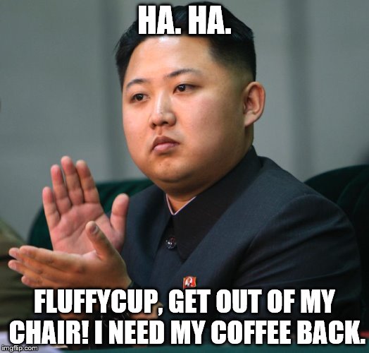 NORTH KOREA CLAPPING | HA. HA. FLUFFYCUP, GET OUT OF MY CHAIR! I NEED MY COFFEE BACK. | image tagged in north korea clapping | made w/ Imgflip meme maker