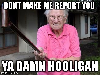 G-Ma | DONT MAKE ME REPORT YOU YA DAMN HOOLIGAN | image tagged in granny | made w/ Imgflip meme maker