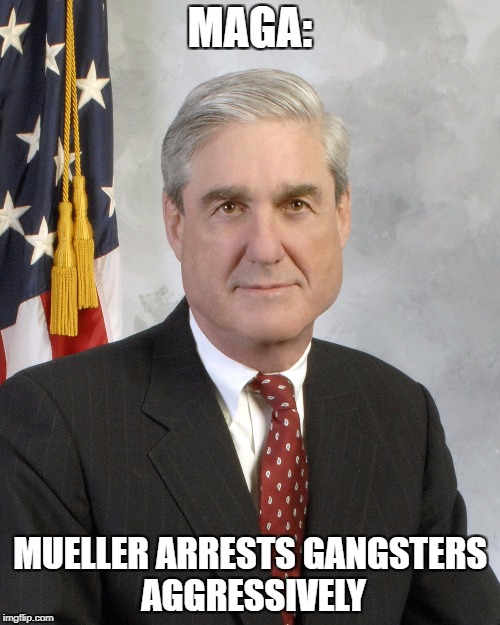 MUELLERTIME | MAGA:; MUELLER ARRESTS GANGSTERS AGGRESSIVELY | image tagged in muellertime,blank red maga hat,maga | made w/ Imgflip meme maker