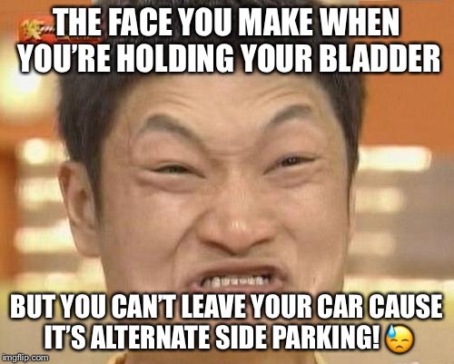 Impossibru Guy Original Meme | THE FACE YOU MAKE WHEN YOU’RE HOLDING YOUR BLADDER; BUT YOU CAN’T LEAVE YOUR CAR CAUSE IT’S ALTERNATE SIDE PARKING! 😓 | image tagged in memes,impossibru guy original | made w/ Imgflip meme maker