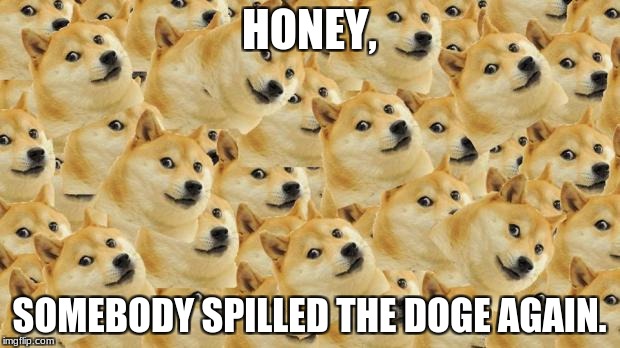 Multi Doge Meme | HONEY, SOMEBODY SPILLED THE DOGE AGAIN. | image tagged in memes,multi doge | made w/ Imgflip meme maker