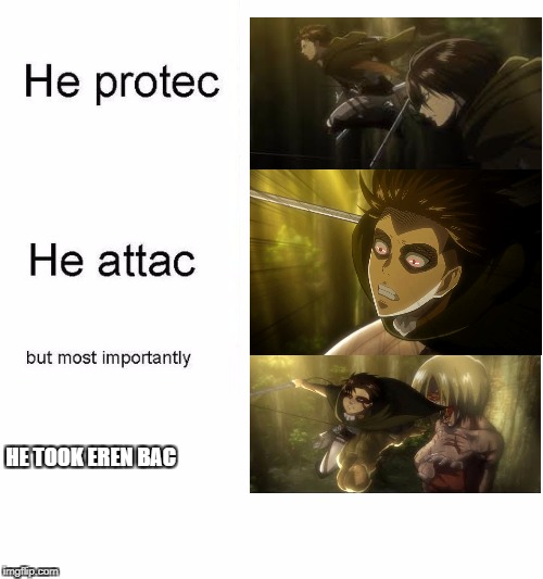 he protec | HE TOOK EREN BAC | image tagged in he protec | made w/ Imgflip meme maker