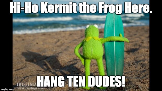 Kermit Surfing | Hi-Ho Kermit the Frog Here. HANG TEN DUDES! | image tagged in kermit surf | made w/ Imgflip meme maker