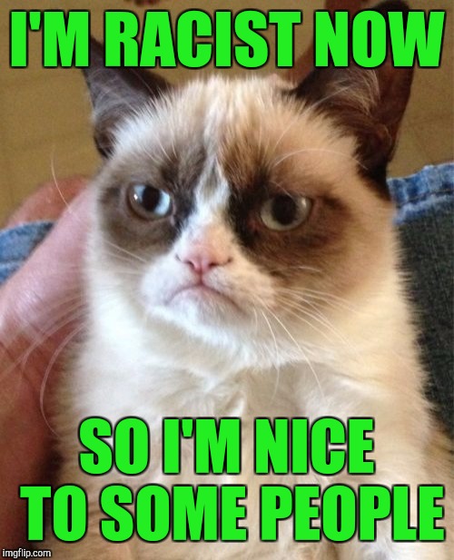 Grumpy cat isn't mean to everybody anymore | I'M RACIST NOW; SO I'M NICE TO SOME PEOPLE | image tagged in memes,grumpy cat | made w/ Imgflip meme maker
