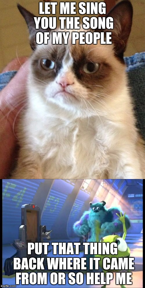 Grumpy Cat Song | LET ME SING YOU THE SONG OF MY PEOPLE; PUT THAT THING BACK WHERE IT CAME FROM OR SO HELP ME | image tagged in grumpy cat | made w/ Imgflip meme maker