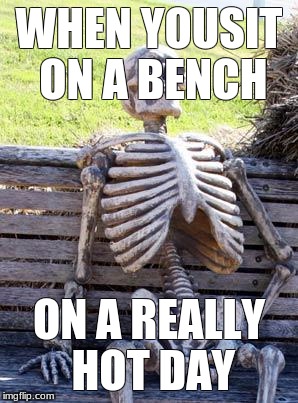 Waiting Skeleton | WHEN YOUSIT ON A BENCH; ON A REALLY HOT DAY | image tagged in memes,waiting skeleton | made w/ Imgflip meme maker