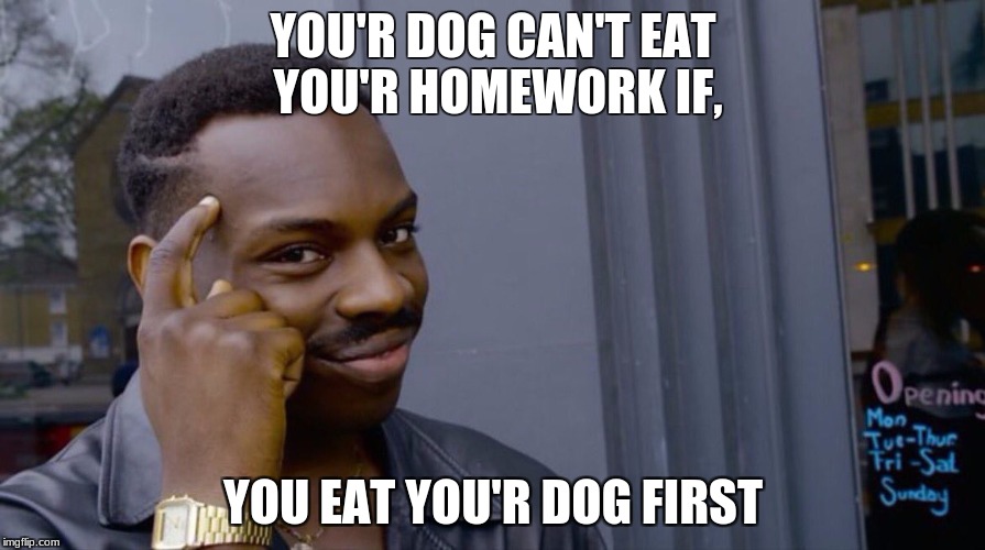 Roll Safe Think About It | YOU'R DOG CAN'T EAT YOU'R HOMEWORK IF, YOU EAT YOU'R DOG FIRST | image tagged in smart eddie murphy | made w/ Imgflip meme maker