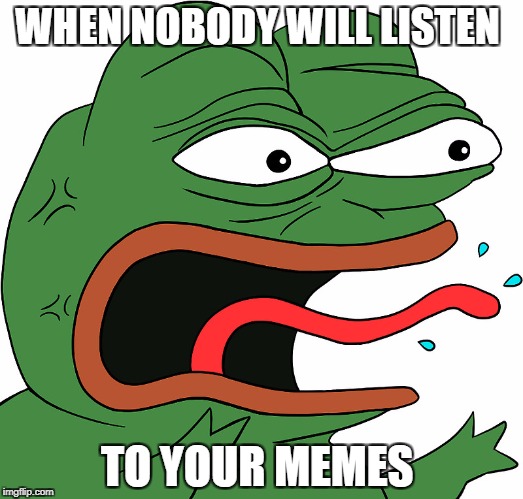 REEEEE | WHEN NOBODY WILL LISTEN; TO YOUR MEMES | image tagged in reeeee | made w/ Imgflip meme maker