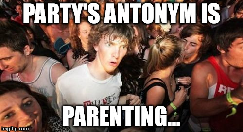 Sudden Clarity Clarence Meme | PARTY'S ANTONYM IS; PARENTING... | image tagged in memes,sudden clarity clarence | made w/ Imgflip meme maker