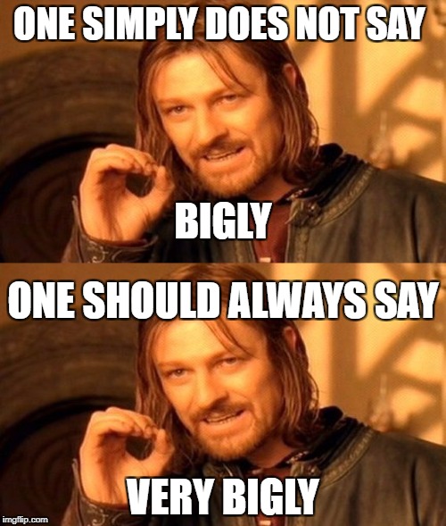 very | ONE SIMPLY DOES NOT SAY; BIGLY; ONE SHOULD ALWAYS SAY; VERY BIGLY | image tagged in bigly | made w/ Imgflip meme maker