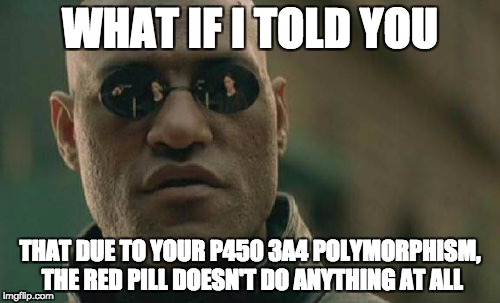 Matrix Morpheus Meme | WHAT IF I TOLD YOU; THAT DUE TO YOUR P450 3A4 POLYMORPHISM, THE RED PILL DOESN'T DO ANYTHING AT ALL | image tagged in memes,matrix morpheus | made w/ Imgflip meme maker