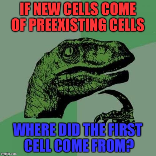 Philosoraptor | IF NEW CELLS COME OF PREEXISTING CELLS; WHERE DID THE FIRST CELL COME FROM? | image tagged in memes,philosoraptor | made w/ Imgflip meme maker