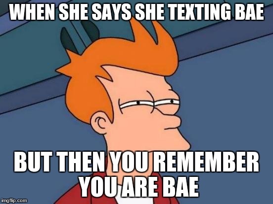 Futurama Fry Meme | WHEN SHE SAYS SHE TEXTING BAE; BUT THEN YOU REMEMBER YOU ARE BAE | image tagged in memes,futurama fry | made w/ Imgflip meme maker