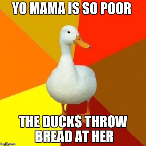 Tech Impaired Duck |  YO MAMA IS SO POOR; THE DUCKS THROW BREAD AT HER | image tagged in memes,tech impaired duck | made w/ Imgflip meme maker
