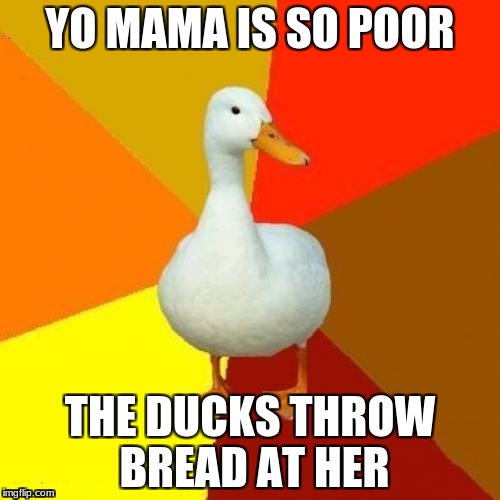 Tech Impaired Duck | YO MAMA IS SO POOR; THE DUCKS THROW BREAD AT HER | image tagged in memes,tech impaired duck | made w/ Imgflip meme maker