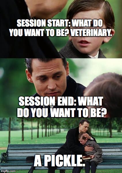 Finding Neverland Meme | SESSION START: WHAT DO YOU WANT TO BE? VETERINARY. SESSION END: WHAT DO YOU WANT TO BE? A PICKLE. | image tagged in memes,finding neverland | made w/ Imgflip meme maker