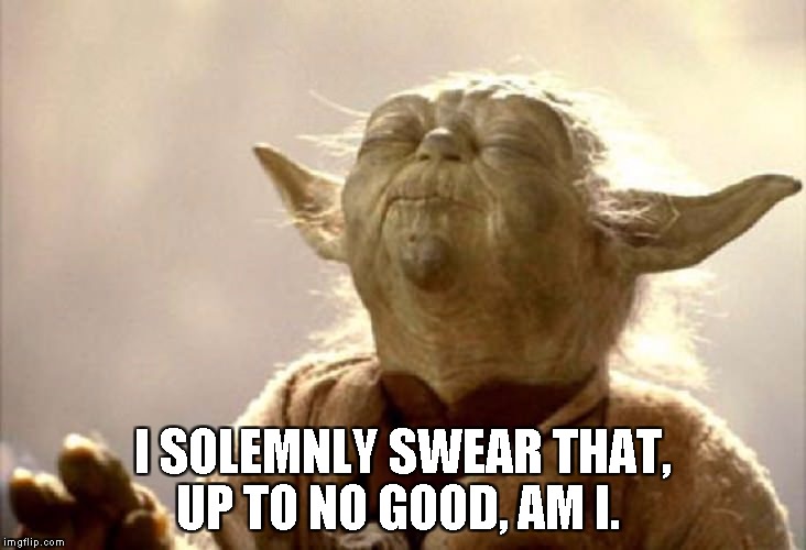 I SOLEMNLY SWEAR THAT, UP TO NO GOOD, AM I. | image tagged in yoda | made w/ Imgflip meme maker