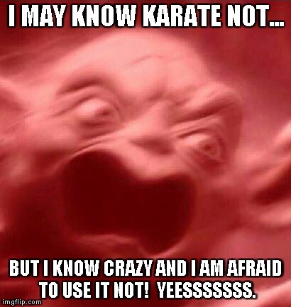 Scary Yoda | I MAY KNOW KARATE NOT... BUT I KNOW CRAZY AND I AM AFRAID TO USE IT NOT!  YEESSSSSSS. | image tagged in scary yoda | made w/ Imgflip meme maker