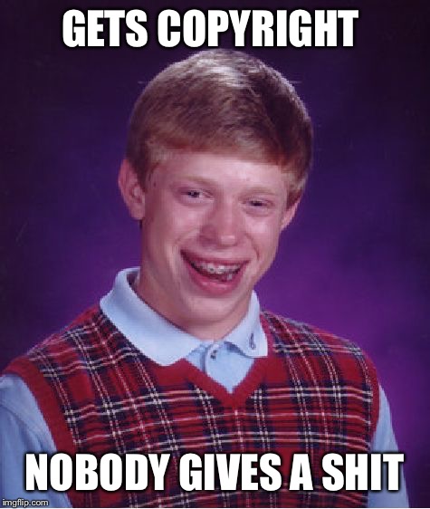 Bad Luck Brian Meme | GETS COPYRIGHT NOBODY GIVES A SHIT | image tagged in memes,bad luck brian | made w/ Imgflip meme maker