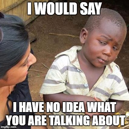 Third World Skeptical Kid Meme | I WOULD SAY I HAVE NO IDEA WHAT YOU ARE TALKING ABOUT | image tagged in memes,third world skeptical kid | made w/ Imgflip meme maker