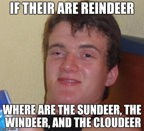 10 Guy Meme | IF THEIR ARE REINDEER; WHERE ARE THE SUNDEER, THE WINDEER, AND THE CLOUDEER | image tagged in memes,10 guy | made w/ Imgflip meme maker
