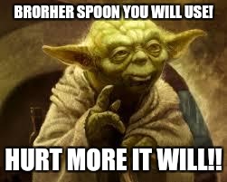 yoda | BRORHER SPOON YOU WILL USE! HURT MORE IT WILL!! | image tagged in yoda | made w/ Imgflip meme maker