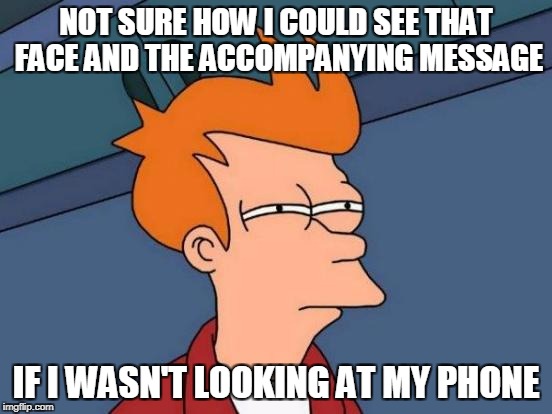 Futurama Fry Meme | NOT SURE HOW I COULD SEE THAT FACE AND THE ACCOMPANYING MESSAGE IF I WASN'T LOOKING AT MY PHONE | image tagged in memes,futurama fry | made w/ Imgflip meme maker