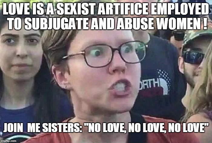 LOVE IS A SEXIST ARTIFICE EMPLOYED TO SUBJUGATE AND ABUSE WOMEN ! JOIN  ME SISTERS: "NO LOVE, NO LOVE, NO LOVE" | made w/ Imgflip meme maker