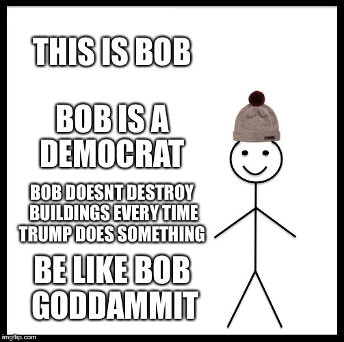 God I hate antifa  | THIS IS BOB; BOB IS A DEMOCRAT; BOB DOESNT DESTROY BUILDINGS EVERY TIME TRUMP DOES SOMETHING; BE LIKE BOB GODDAMMIT | image tagged in memes,be like bill | made w/ Imgflip meme maker