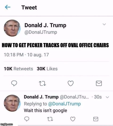 A day in the life of a president... | HOW TO GET PECKER TRACKS OFF OVAL OFFICE CHAIRS | image tagged in trump twitter,google,pecker tracks,donald trump,oval office | made w/ Imgflip meme maker